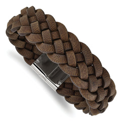 Chisel Stainless Steel Polished Brown Braided Leather 8.75 inch Bracelet