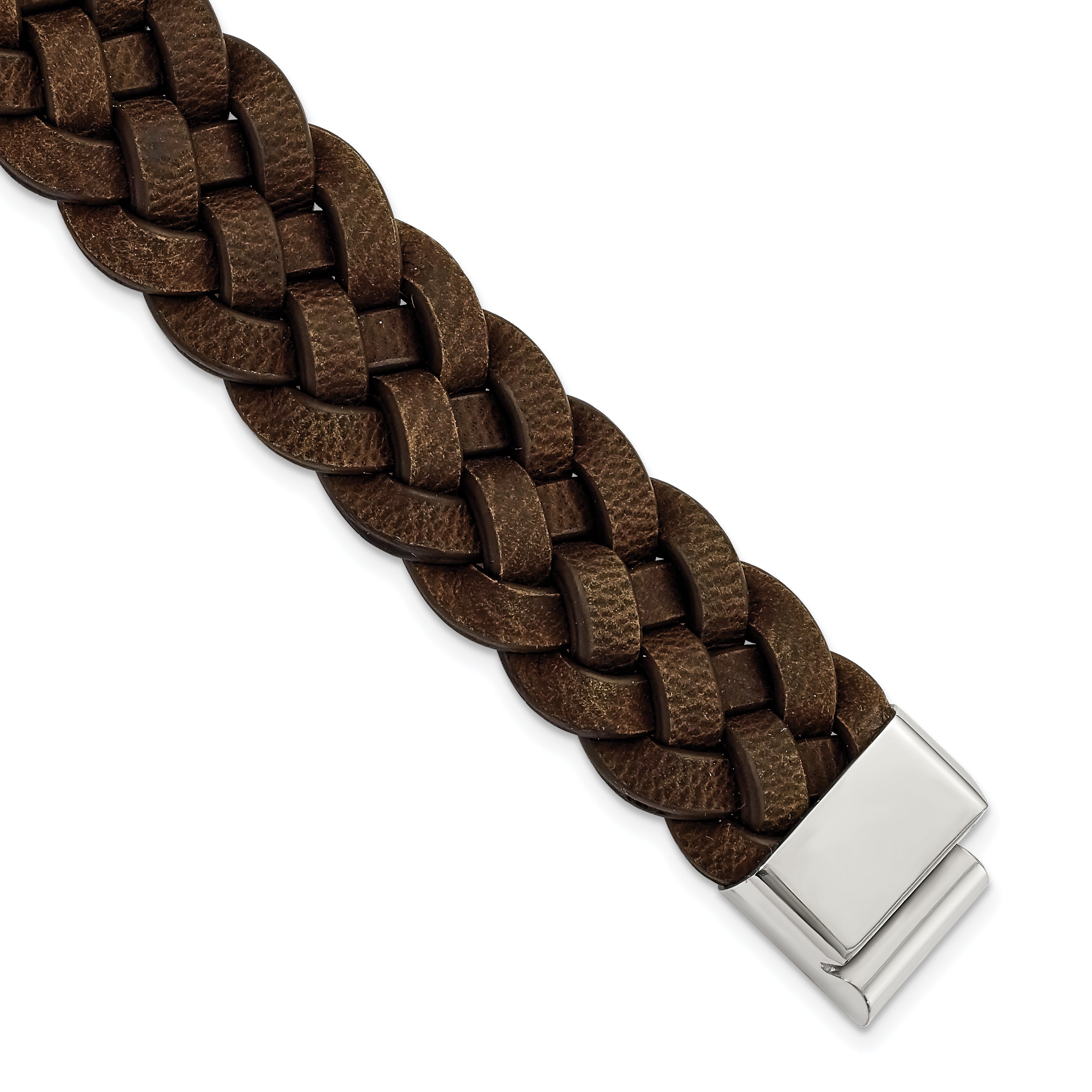 Chisel Stainless Steel Polished Brown Braided Leather 8.75 inch Bracelet