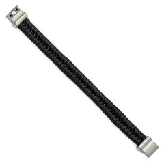 Chisel Stainless Steel Brushed Black Leather 8.5 inch Bracelet