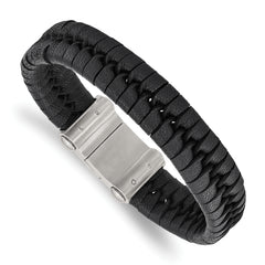 Chisel Stainless Steel Brushed Black Leather 8.5 inch Bracelet