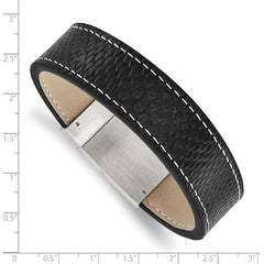 Stainless Steel Brushed Black Leather 8.25in Bracelet