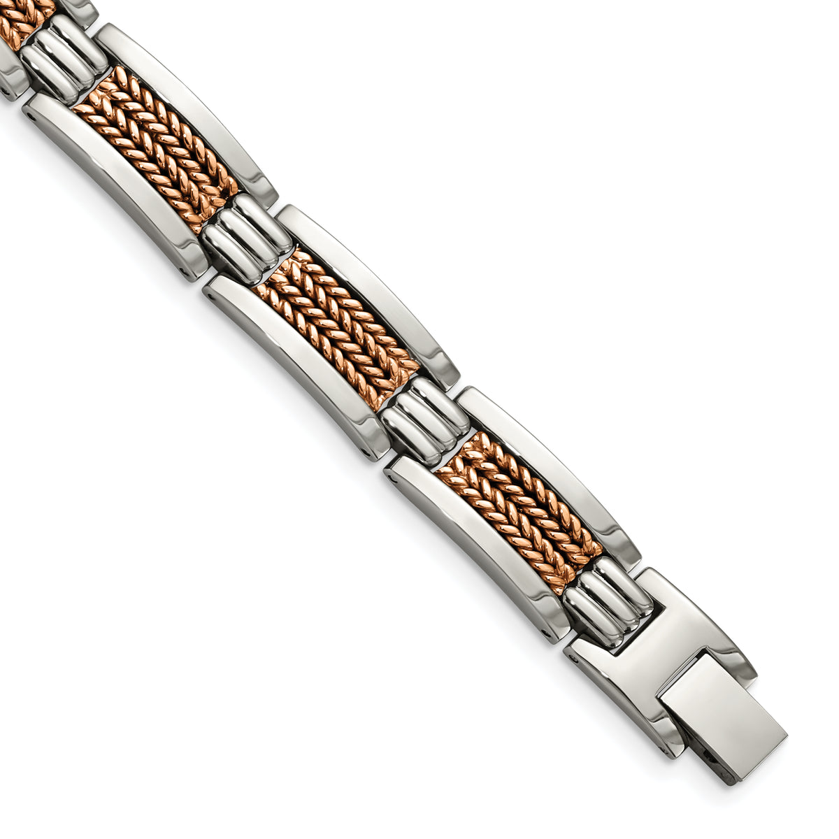 Chisel Stainless Steel Polished and Textured Rose IP-plated 8.5 inch Link Bracelet