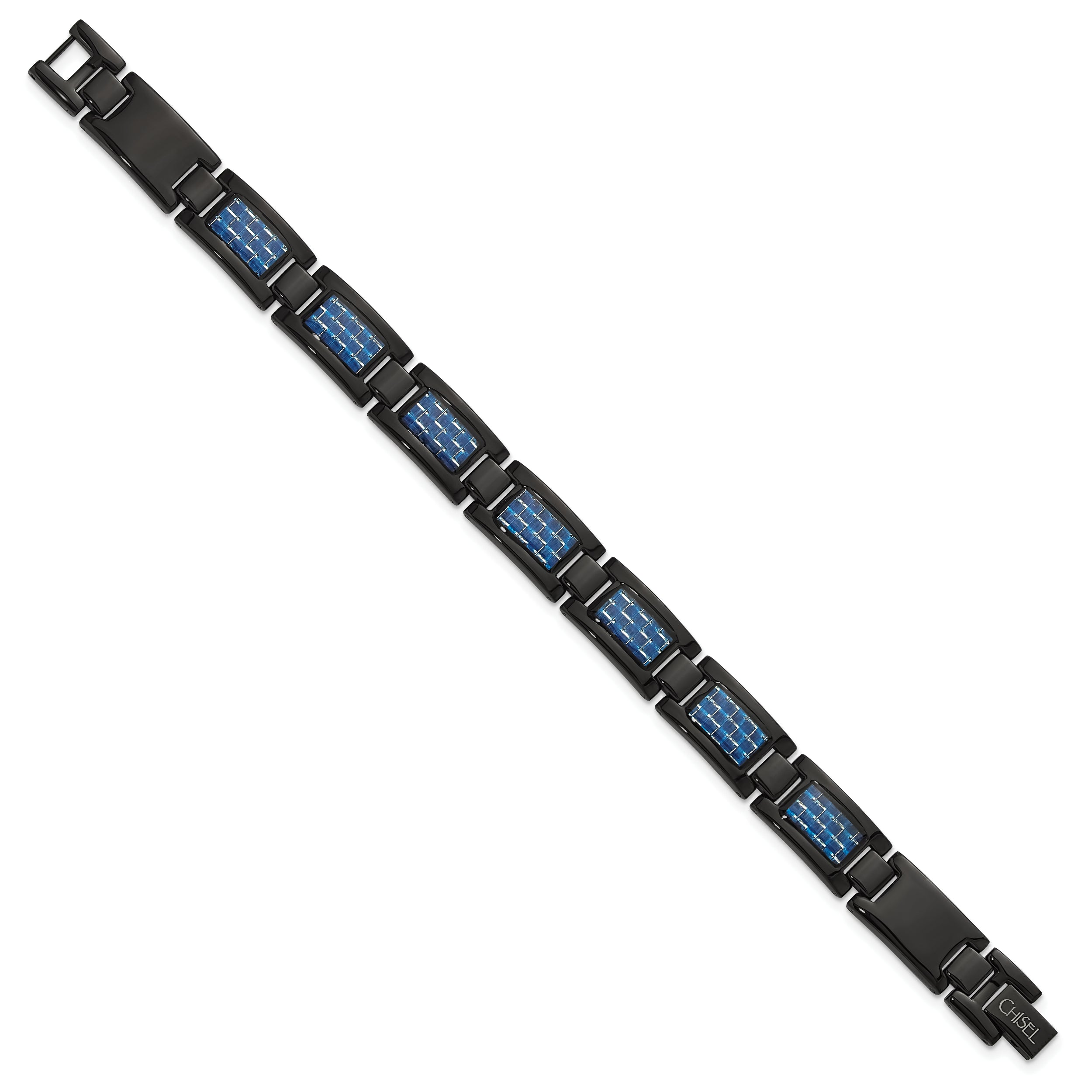 Chisel Stainless Steel Polished Black IP-plated with Blue Carbon Fiber Inlay 8.25 inch Link Bracelet