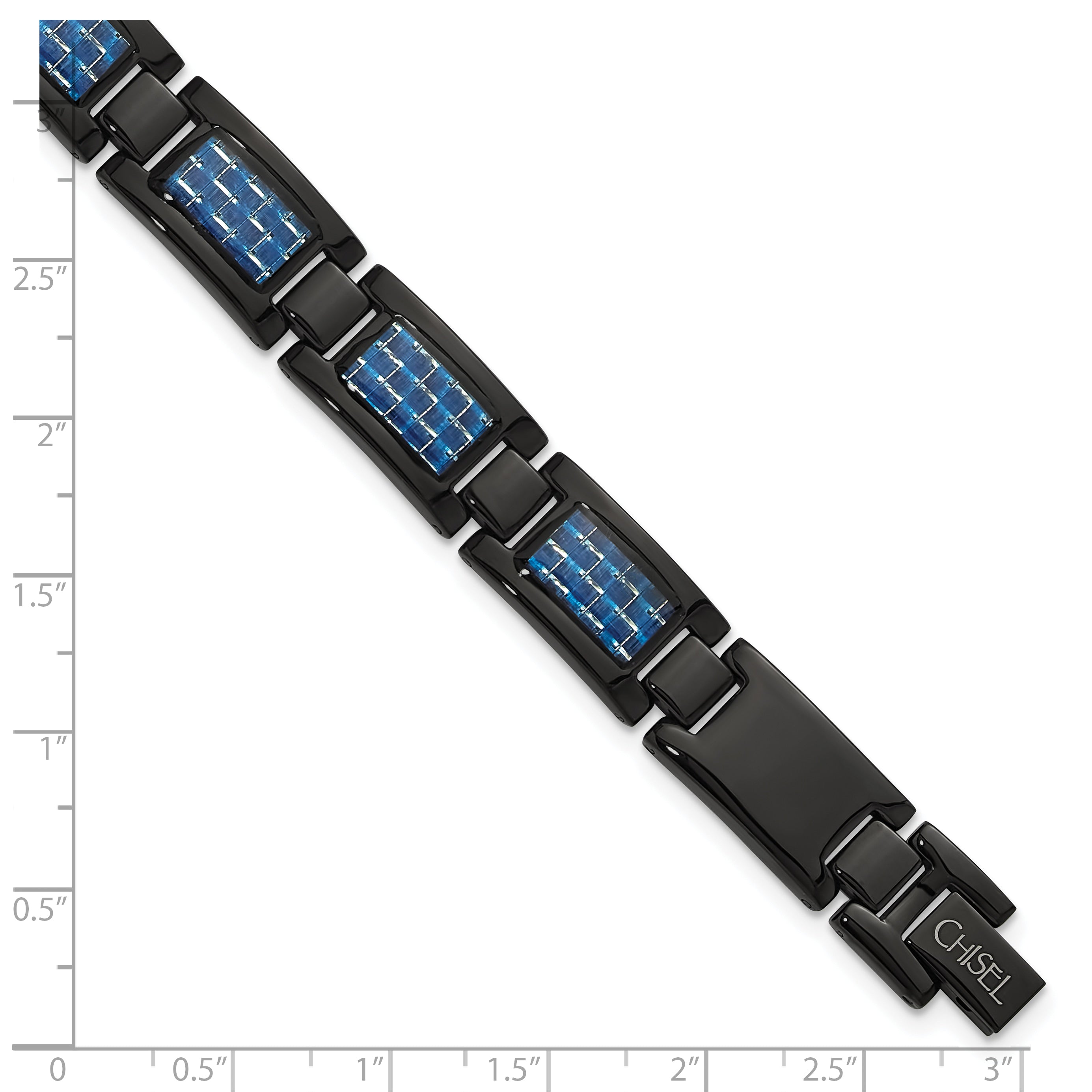 Chisel Stainless Steel Polished Black IP-plated with Blue Carbon Fiber Inlay 8.25 inch Link Bracelet