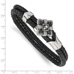 Stainless Steel Antiqued & Polished w/CZ Skull Leather 8.75in Bracelet