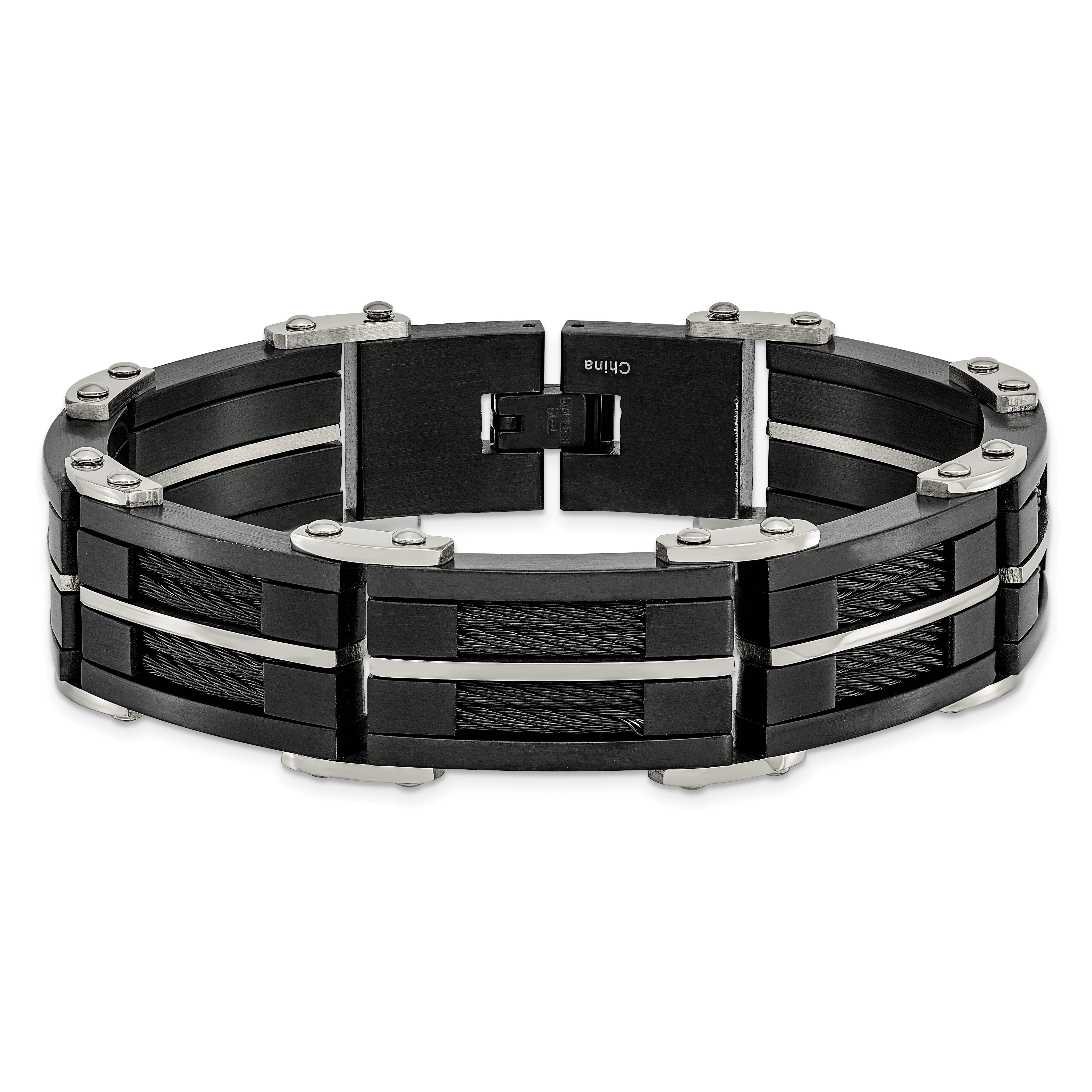 Chisel Stainless Steel Brushed and Polished Black IP-plated with Cable Inlay 8.75 inch Link Bracelet