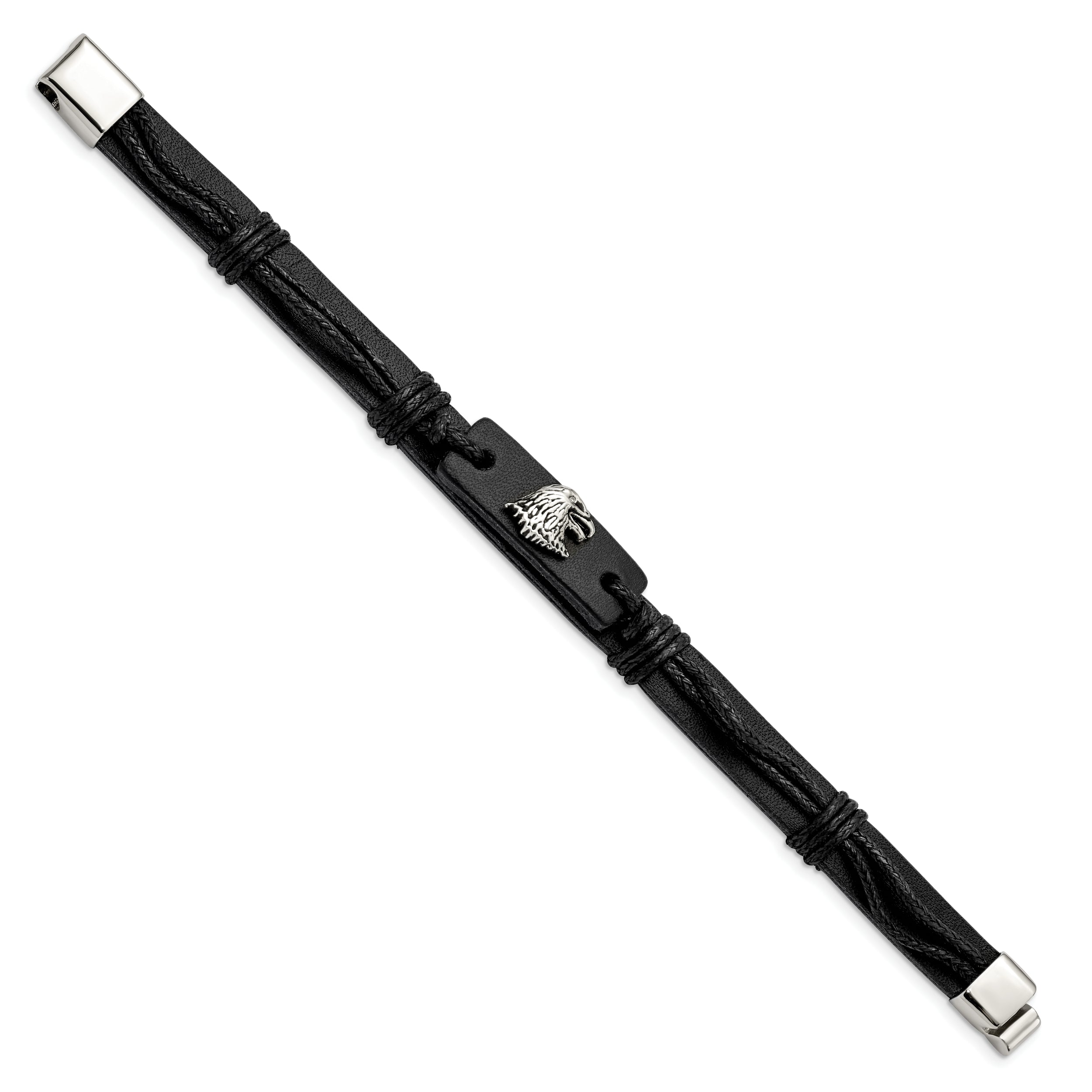 Chisel Stainless Steel Antiqued and Polished Eagle Head Black Leather 8.5 inch Bracelet