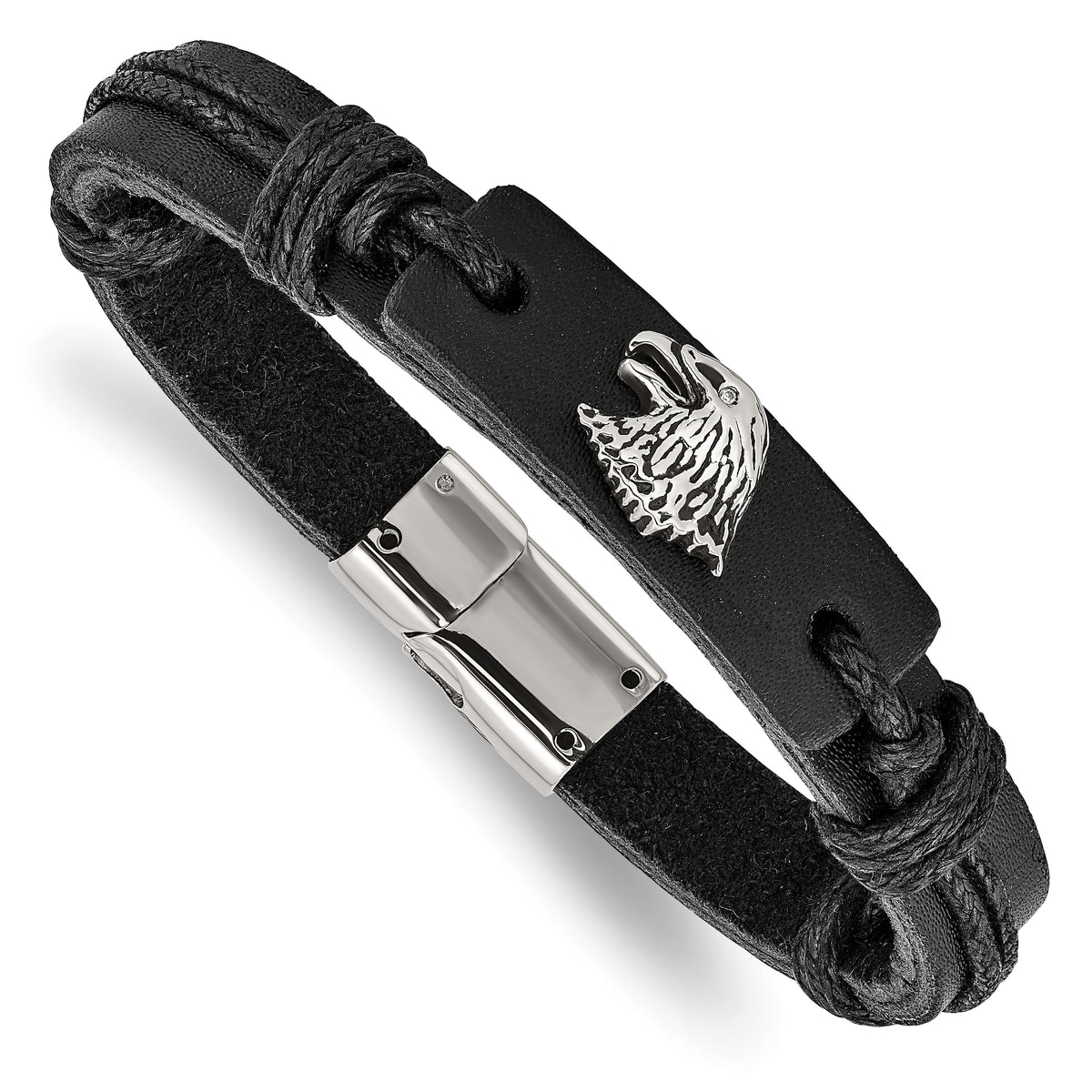 Chisel Stainless Steel Antiqued and Polished Eagle Head Black Leather 8.5 inch Bracelet