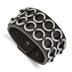 Stainless Steel Polished Textured Black Leather 7.75in Bracelet