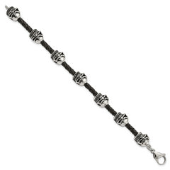 Chisel Stainless Steel Antiqued and Polished Skull Beads Black Braided Leather 8.5 inch Bracelet