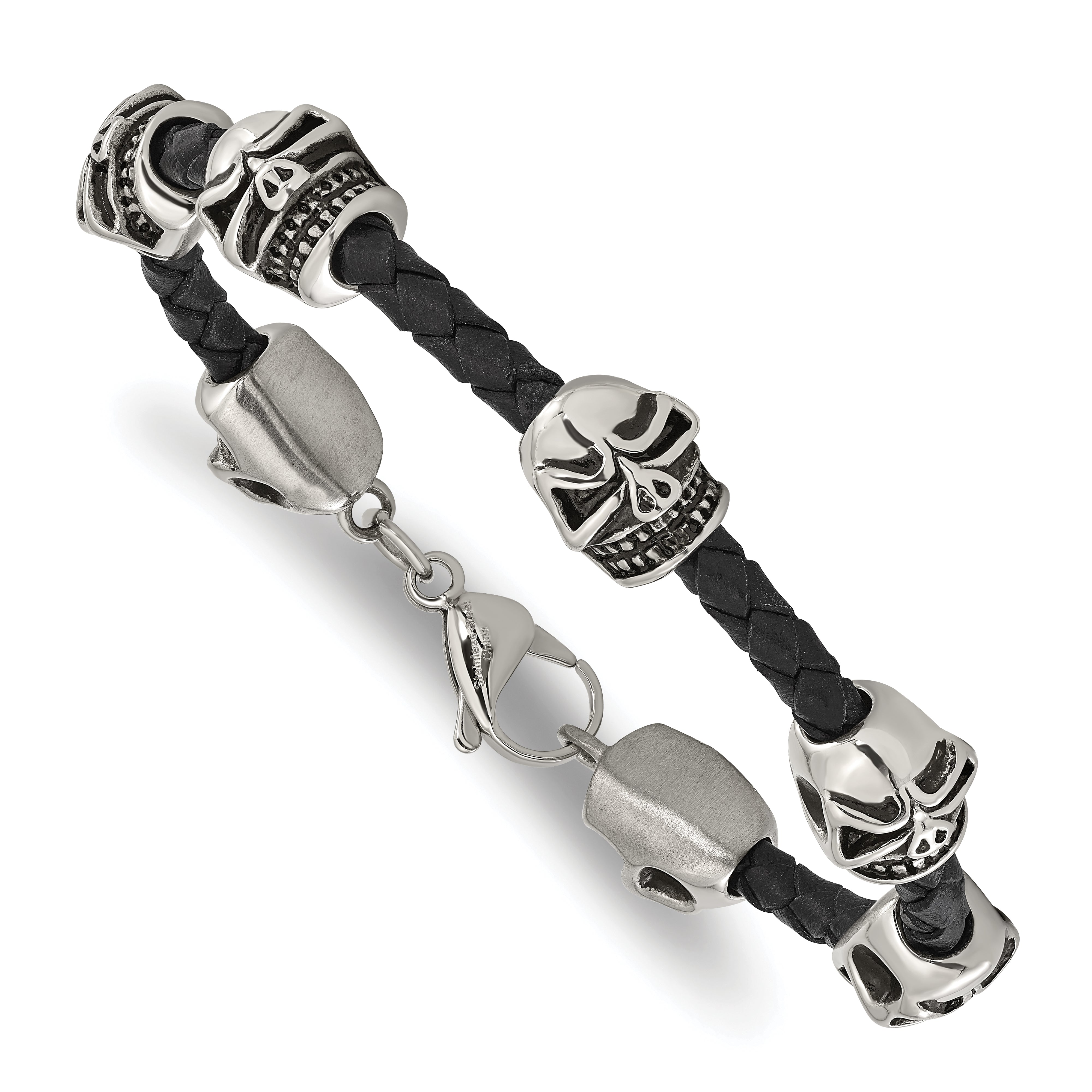 Chisel Stainless Steel Antiqued and Polished Skull Beads Black Braided Leather 8.5 inch Bracelet