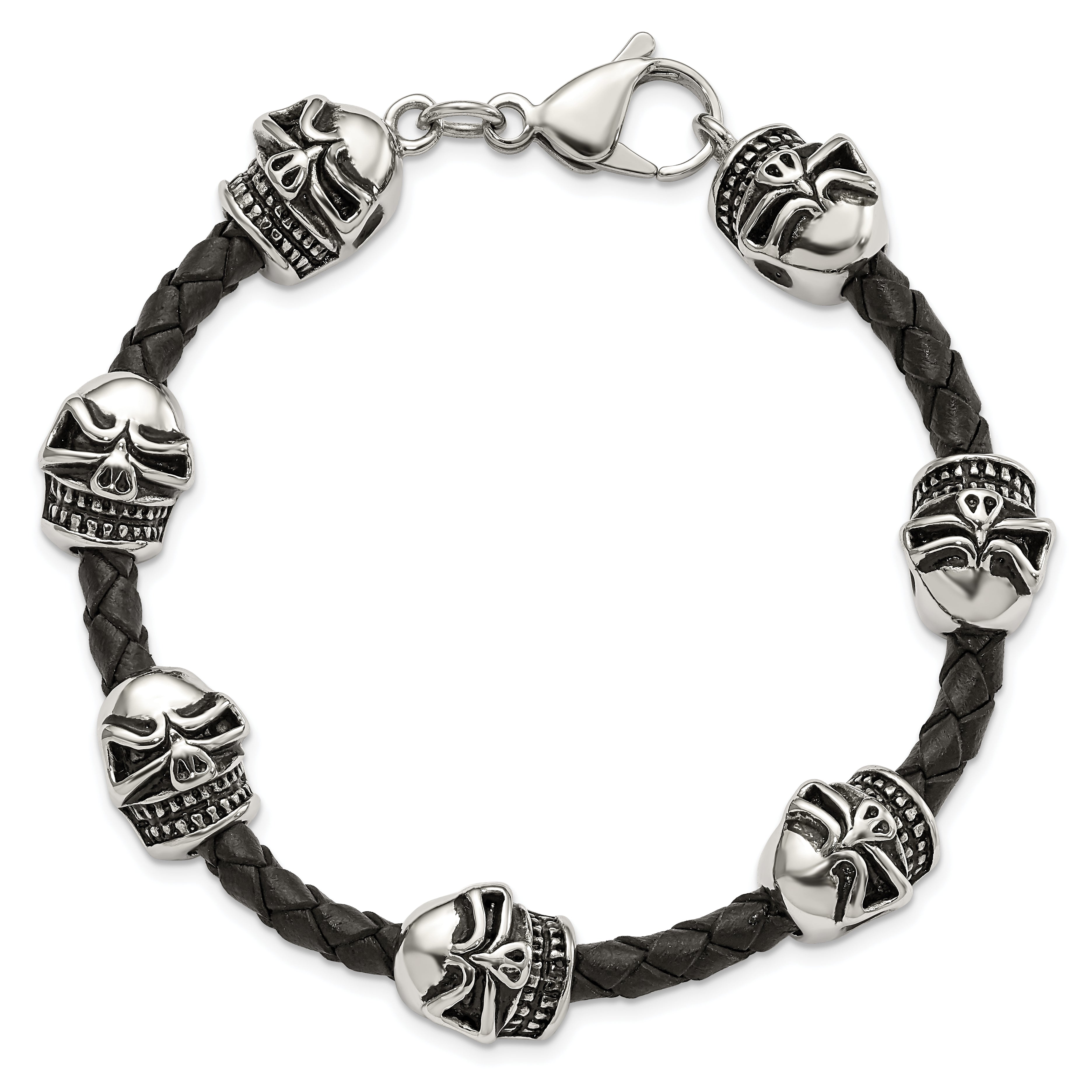 Chisel Stainless Steel Antiqued and Polished Skull Beads Black Braided Leather 8.5 inch Bracelet