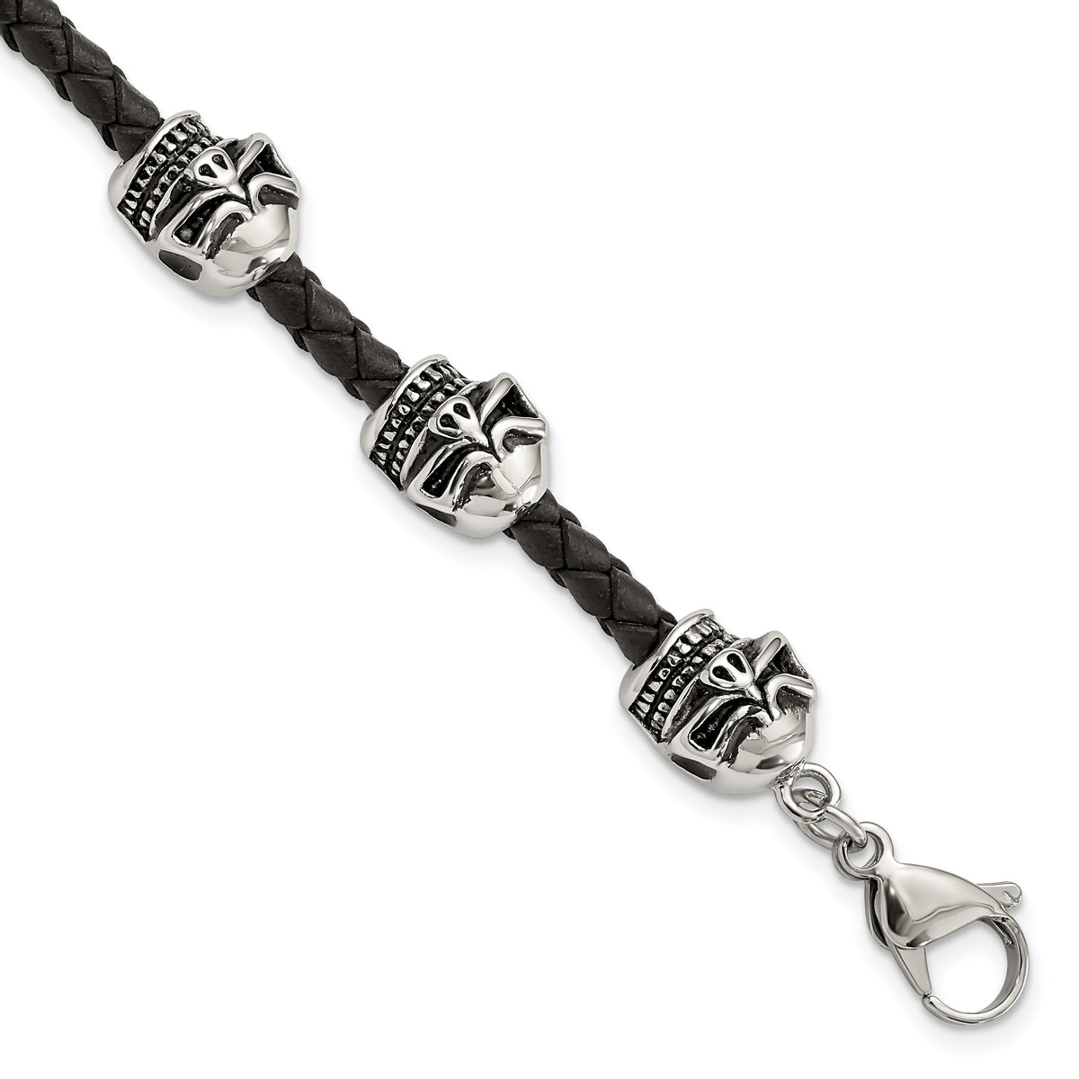 Chisel Stainless Steel Antiqued and Polished Skull Beads Black Braided Leather 8.5 inch Bracelet