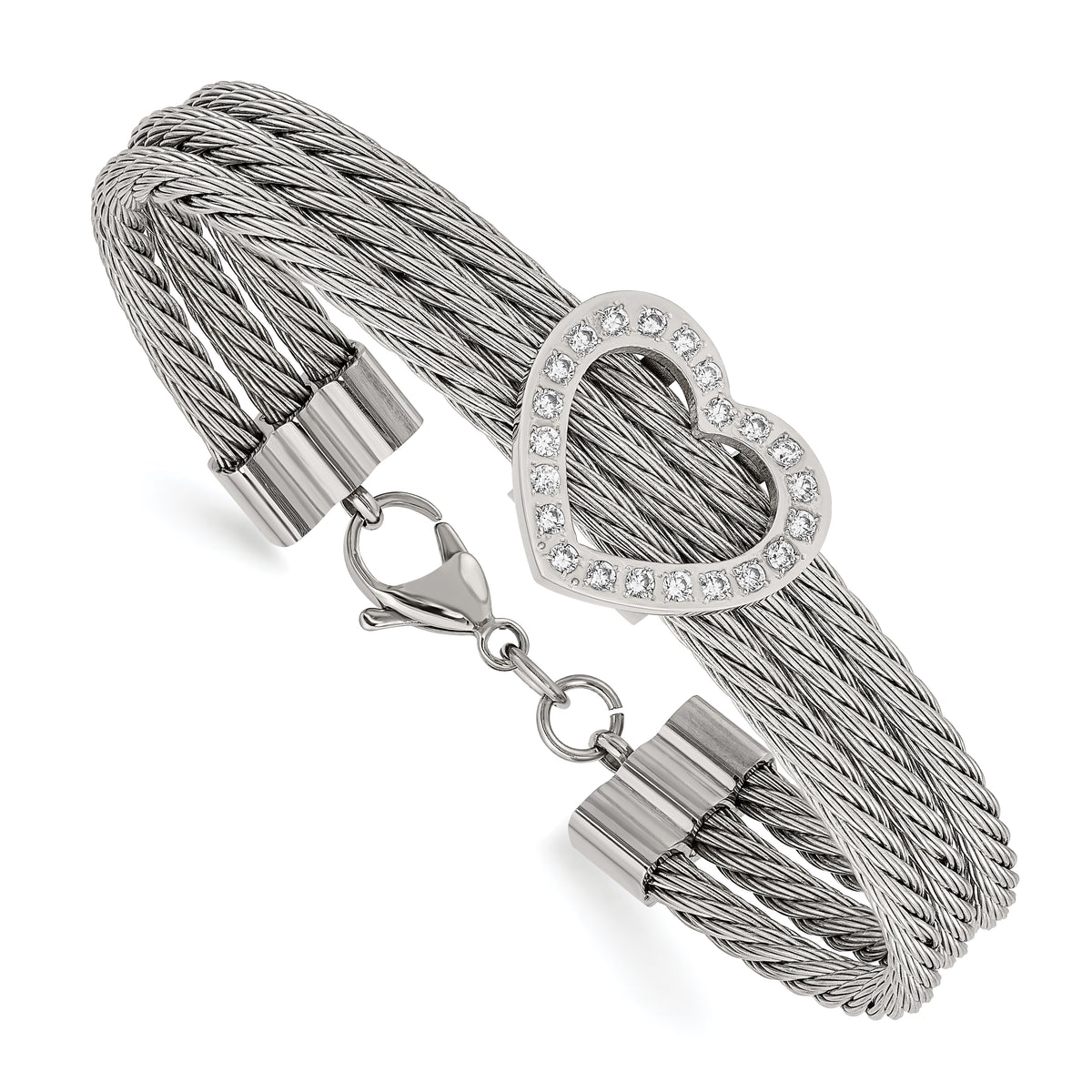 Chisel Stainless Steel Polished wire with CZ Heart 7.5 inch Bracelet