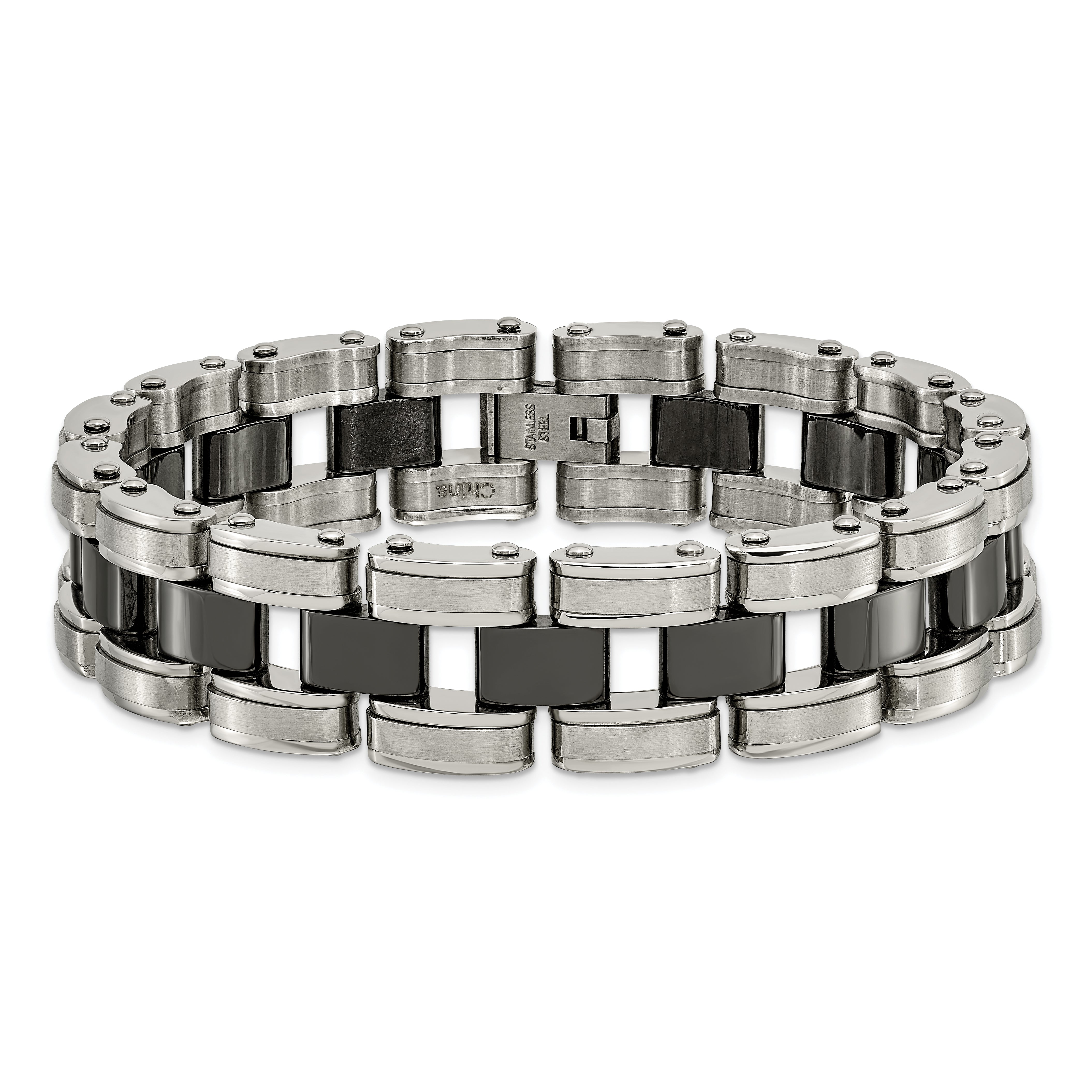 Chisel Stainless Steel Brushed and Polished with Black Ceramic 8.5 inch Link Bracelet