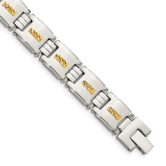 Chisel Stainless Steel Polished with Diamond-cut 14k Gold Inlay 8 inch Link Bracelet