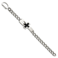 Chisel Stainless Steel Polished with Black Enamel Cross 9.25 inch Bracelet