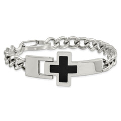 Chisel Stainless Steel Polished with Black Enamel Cross 9.25 inch Bracelet