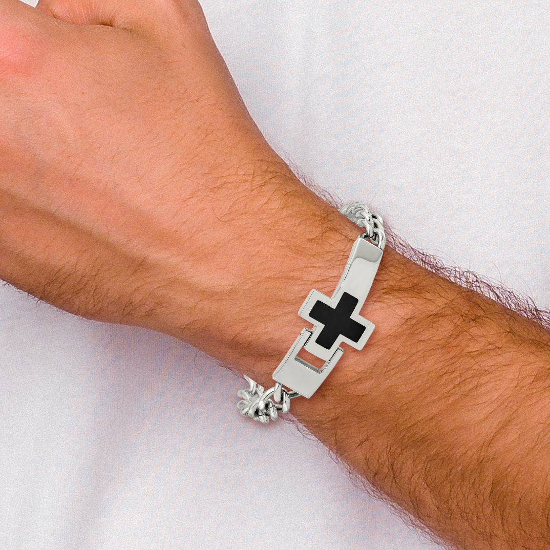 Chisel Stainless Steel Polished with Black Enamel Cross 9.25 inch Bracelet