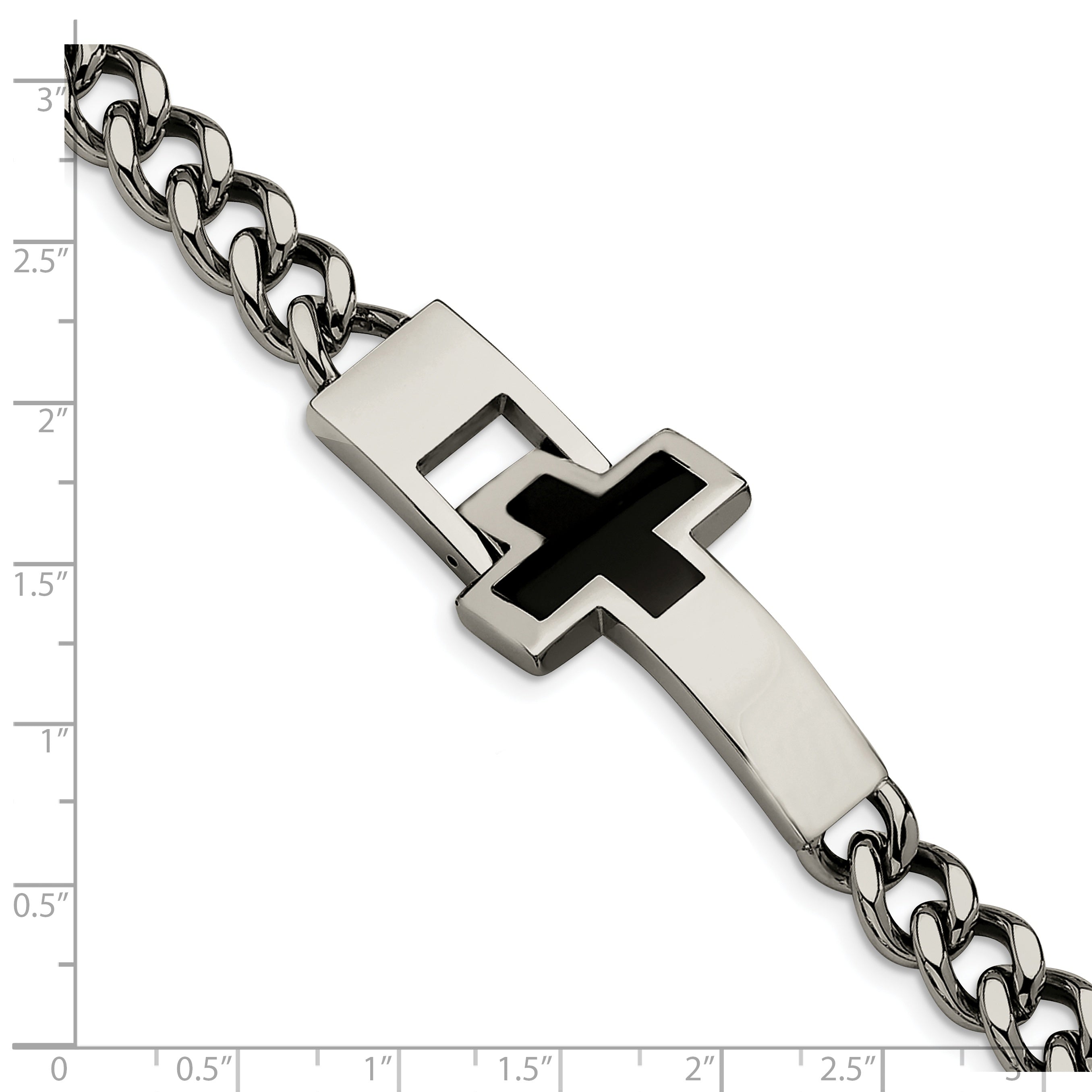 Chisel Stainless Steel Polished with Black Enamel Cross 9.25 inch Bracelet