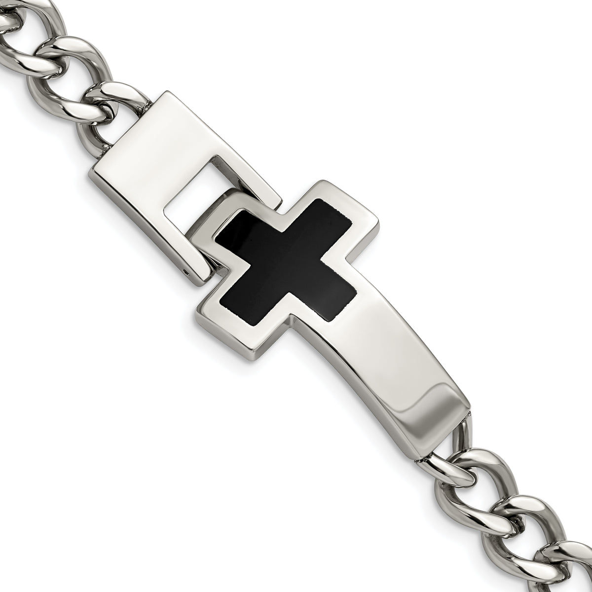 Chisel Stainless Steel Polished with Black Enamel Cross 9.25 inch Bracelet