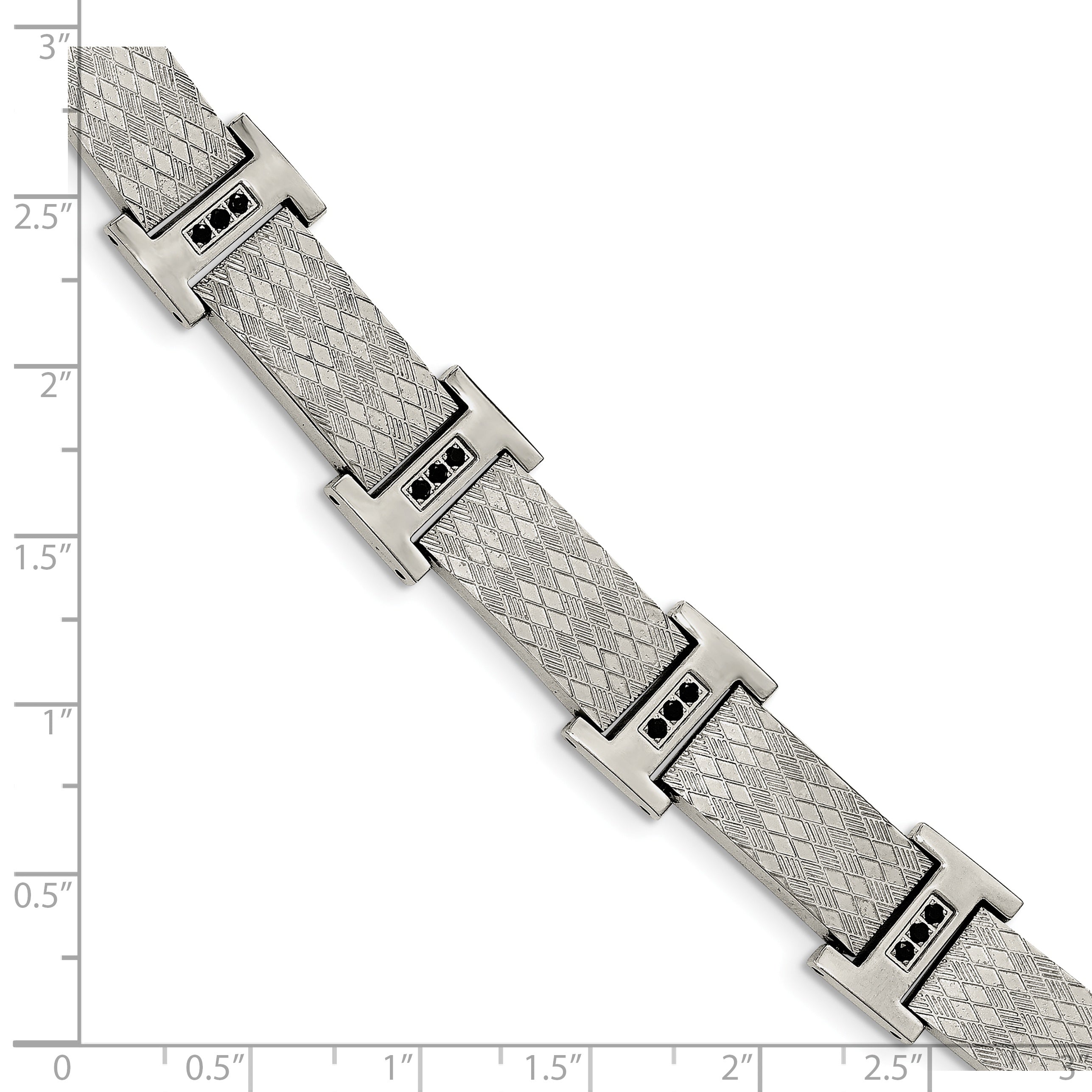 Chisel Stainless Steel Polished and Textured with Black CZ 8.5 inch Link Bracelet