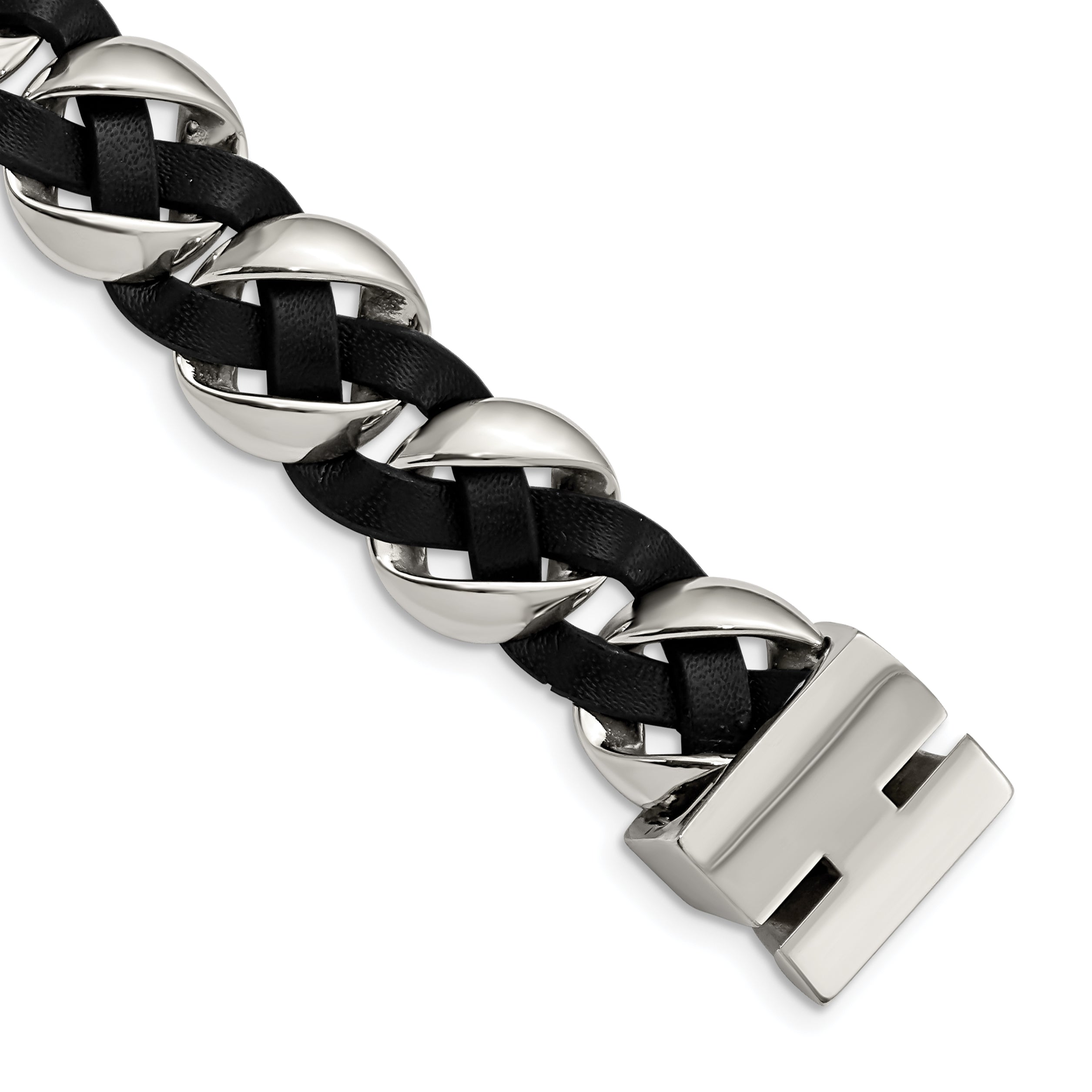 Chisel Stainless Steel Polished Black Braided Leather 8 inch Bracelet