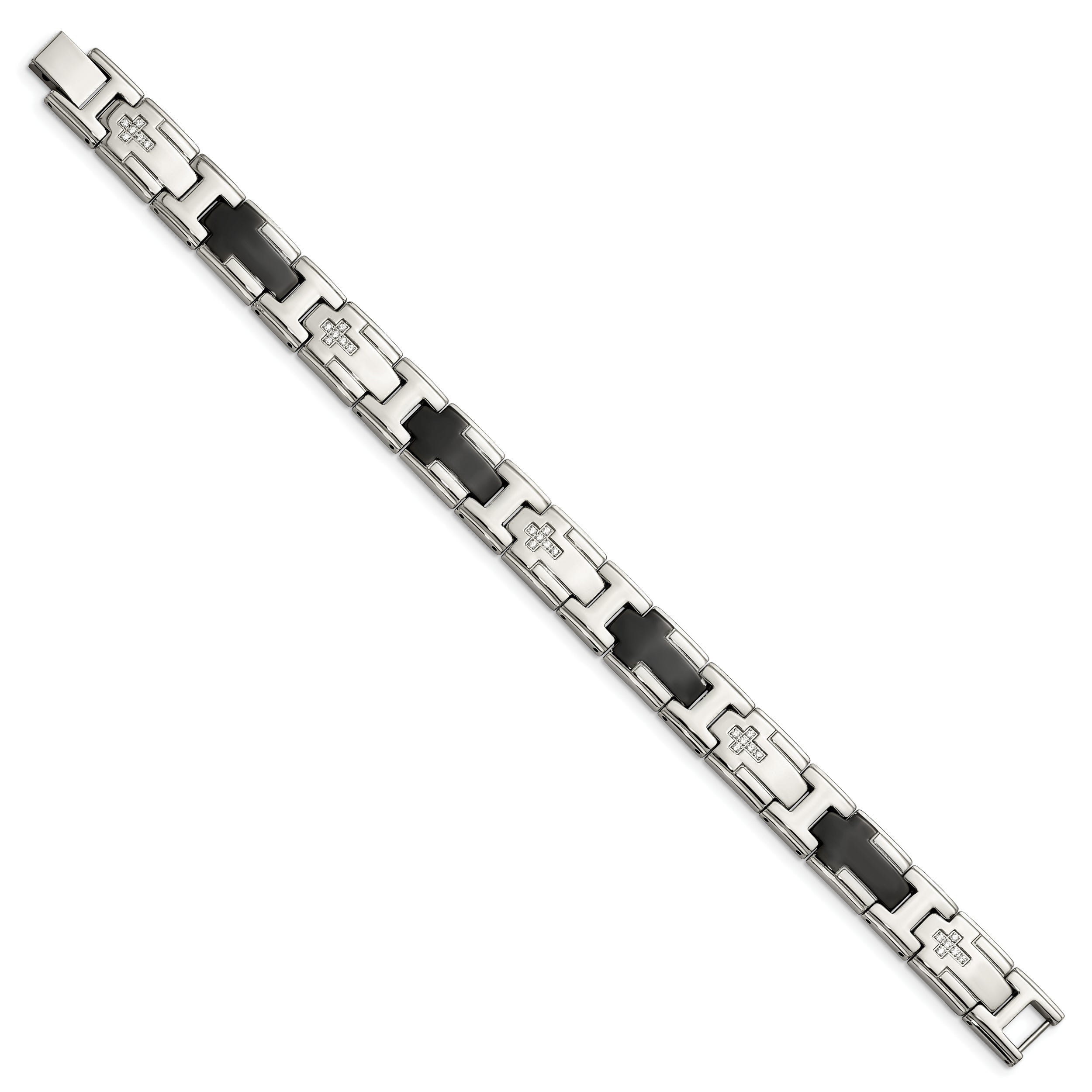 Chisel Stainless Steel Polished Black IP-plated with CZ 8.5 inch Cross Link Bracelet