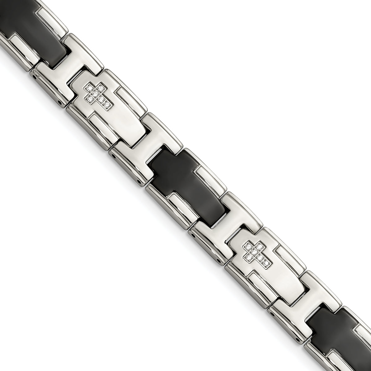 Chisel Stainless Steel Polished Black IP-plated with CZ 8.5 inch Cross Link Bracelet