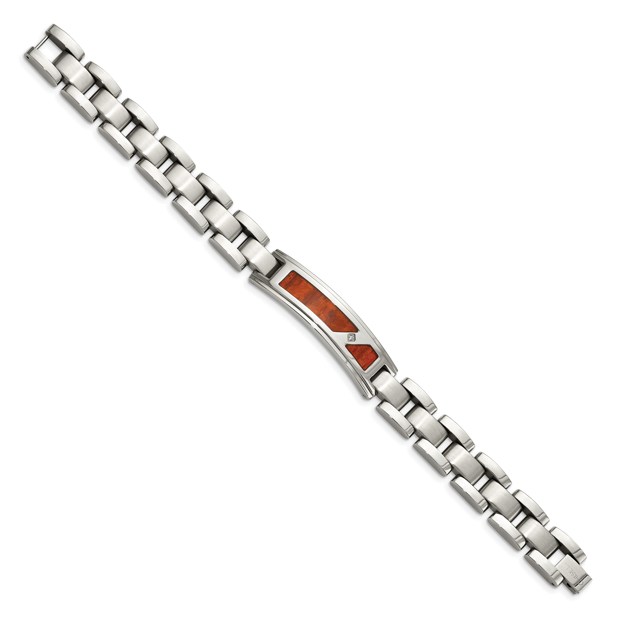 Chisel Stainless Steel Brushed and Polished with Wood Inlay and CZ 8.5 inch Link ID Bracelet