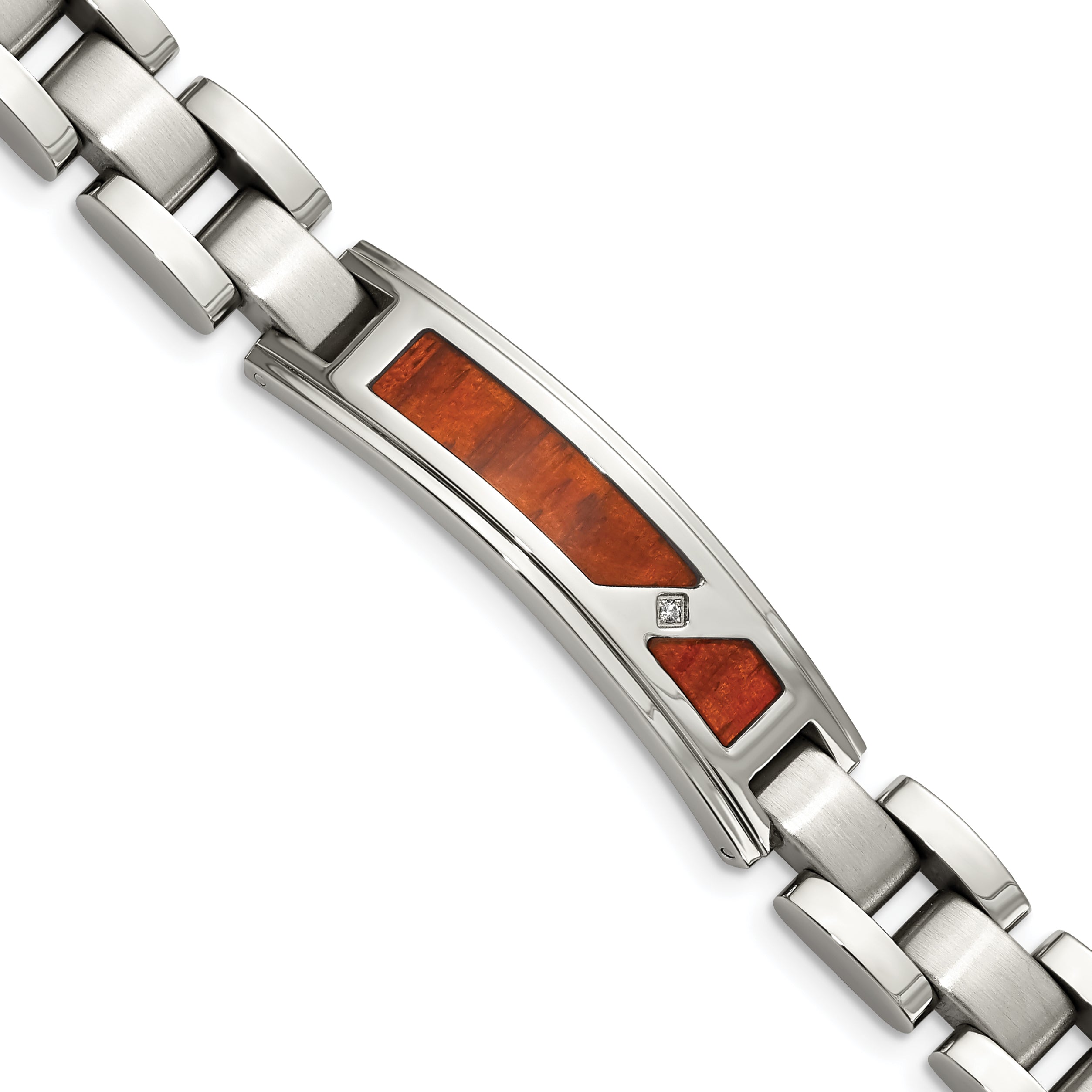 Chisel Stainless Steel Brushed and Polished with Wood Inlay and CZ 8.5 inch Link ID Bracelet