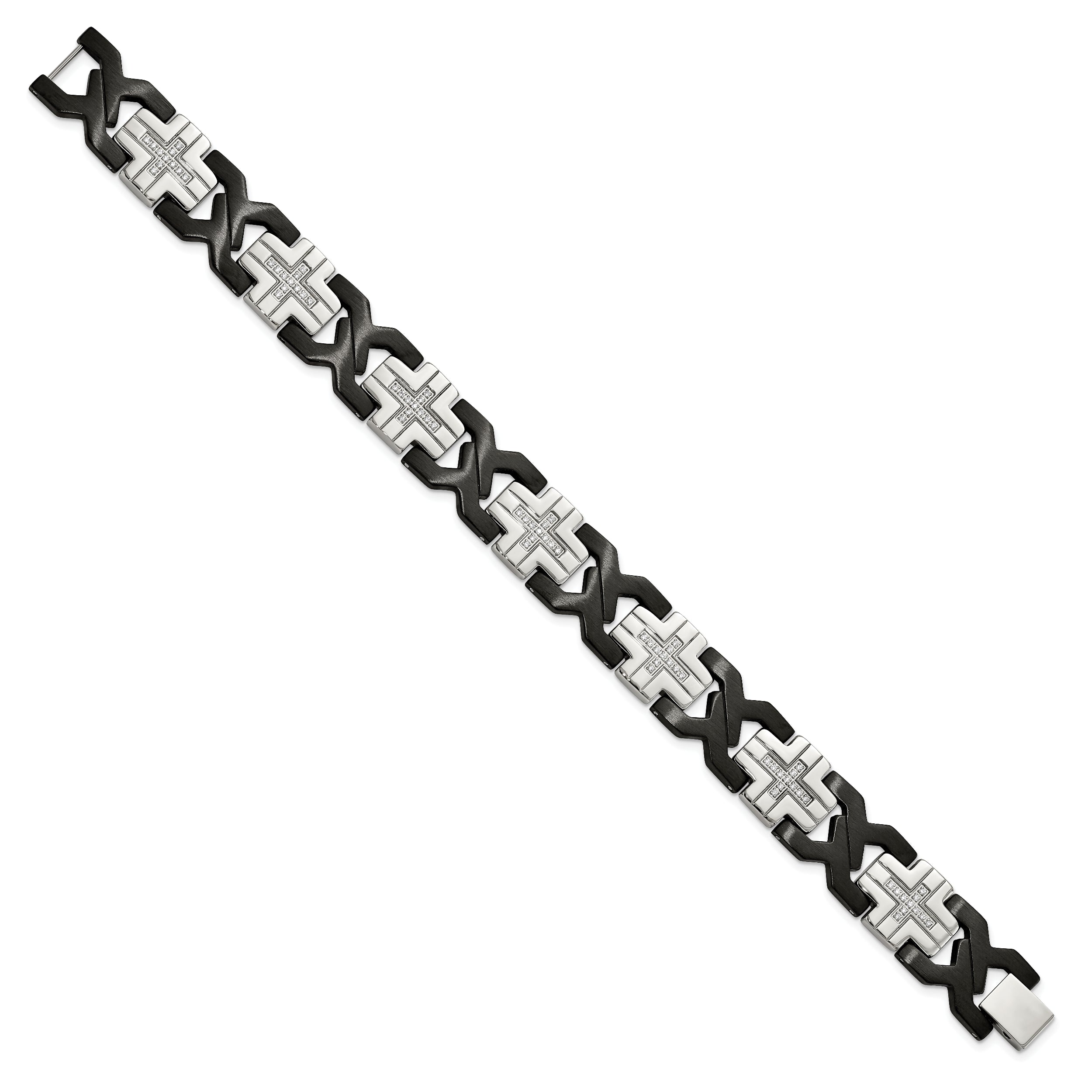 Chisel Stainless Steel Brushed and Polished Black IP-plated with CZ 8.25 inch Cross Link Bracelet