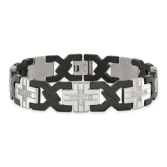 Chisel Stainless Steel Brushed and Polished Black IP-plated with CZ 8.25 inch Cross Link Bracelet