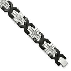 Chisel Stainless Steel Brushed and Polished Black IP-plated with CZ 8.25 inch Cross Link Bracelet