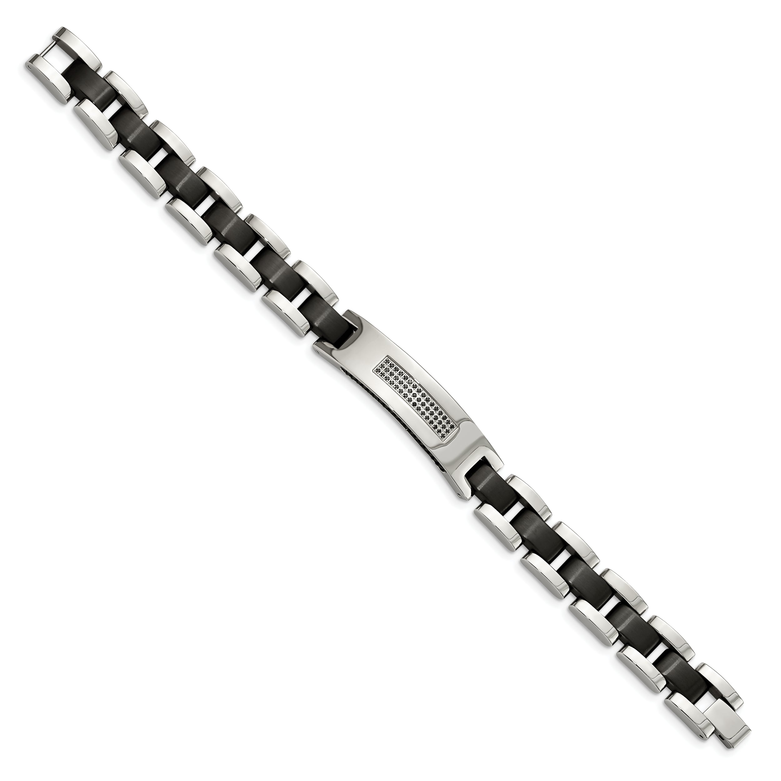 Stainless Steel Brushed and Polished Black IP-plated with CZ 8.5in Bracelet