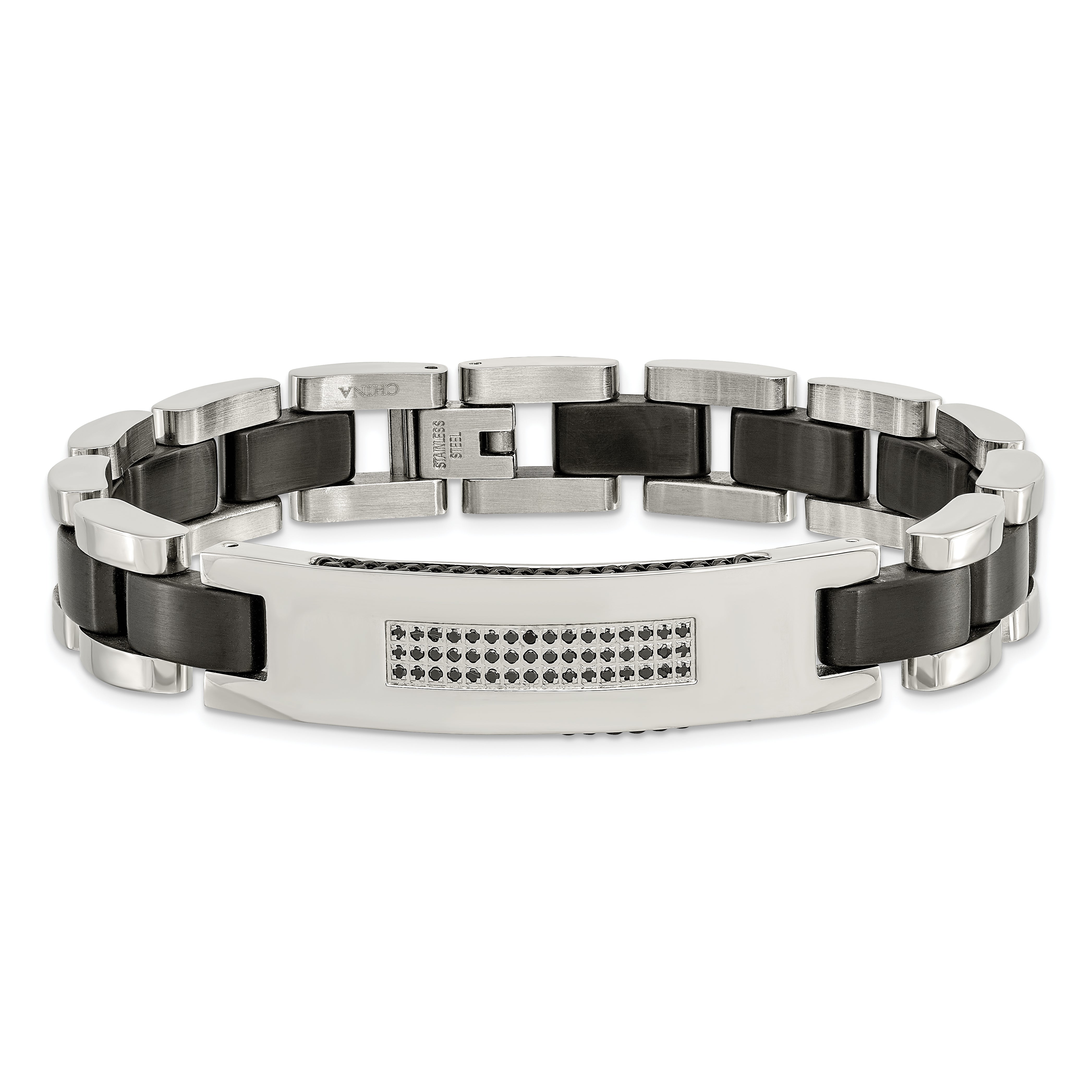 Stainless Steel Brushed and Polished Black IP-plated with CZ 8.5in Bracelet