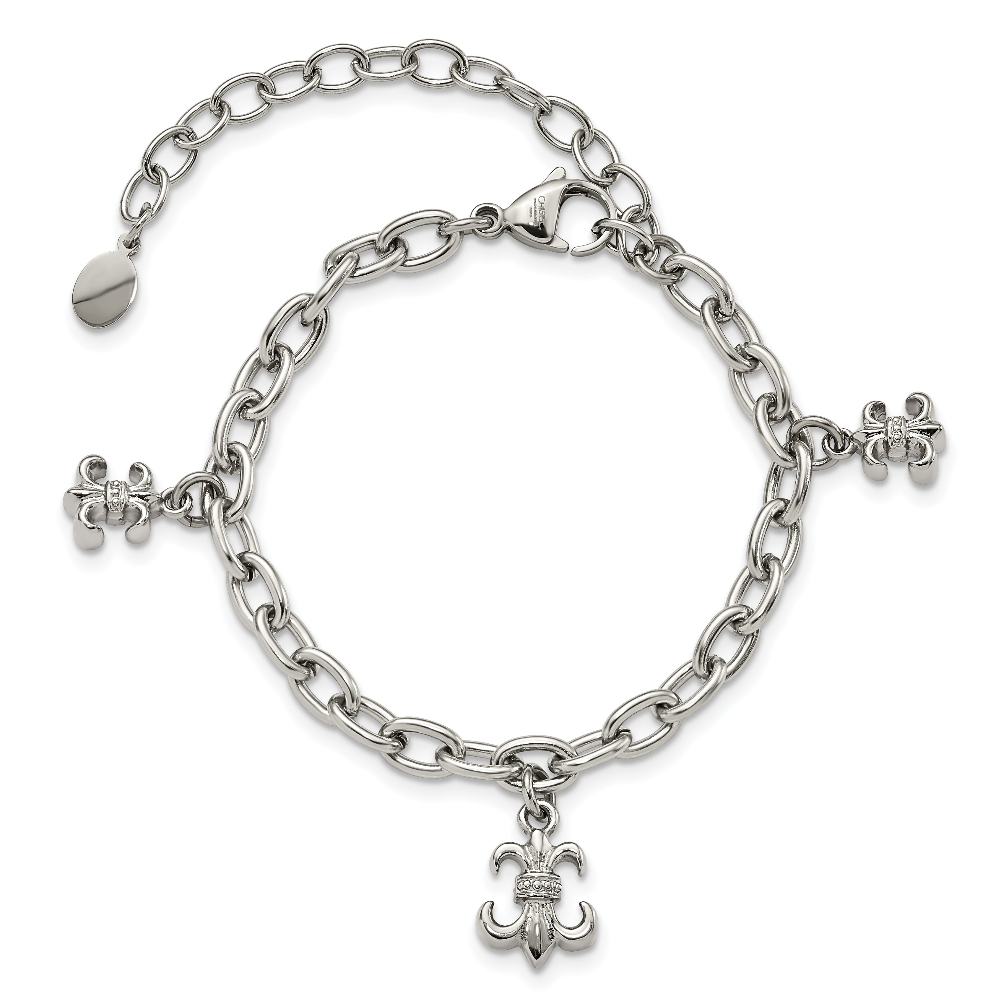 Stainless Steel Polished Fleur de Lis 7in w/3in ext. Bracelet