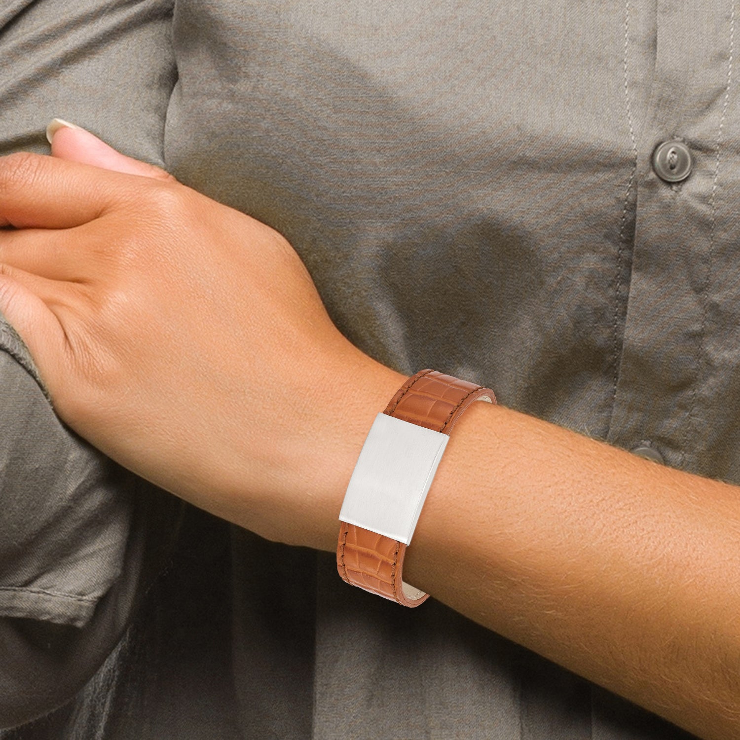 Stainless Steel Satin Textured Light Brown Leather 8in ID Bracelet