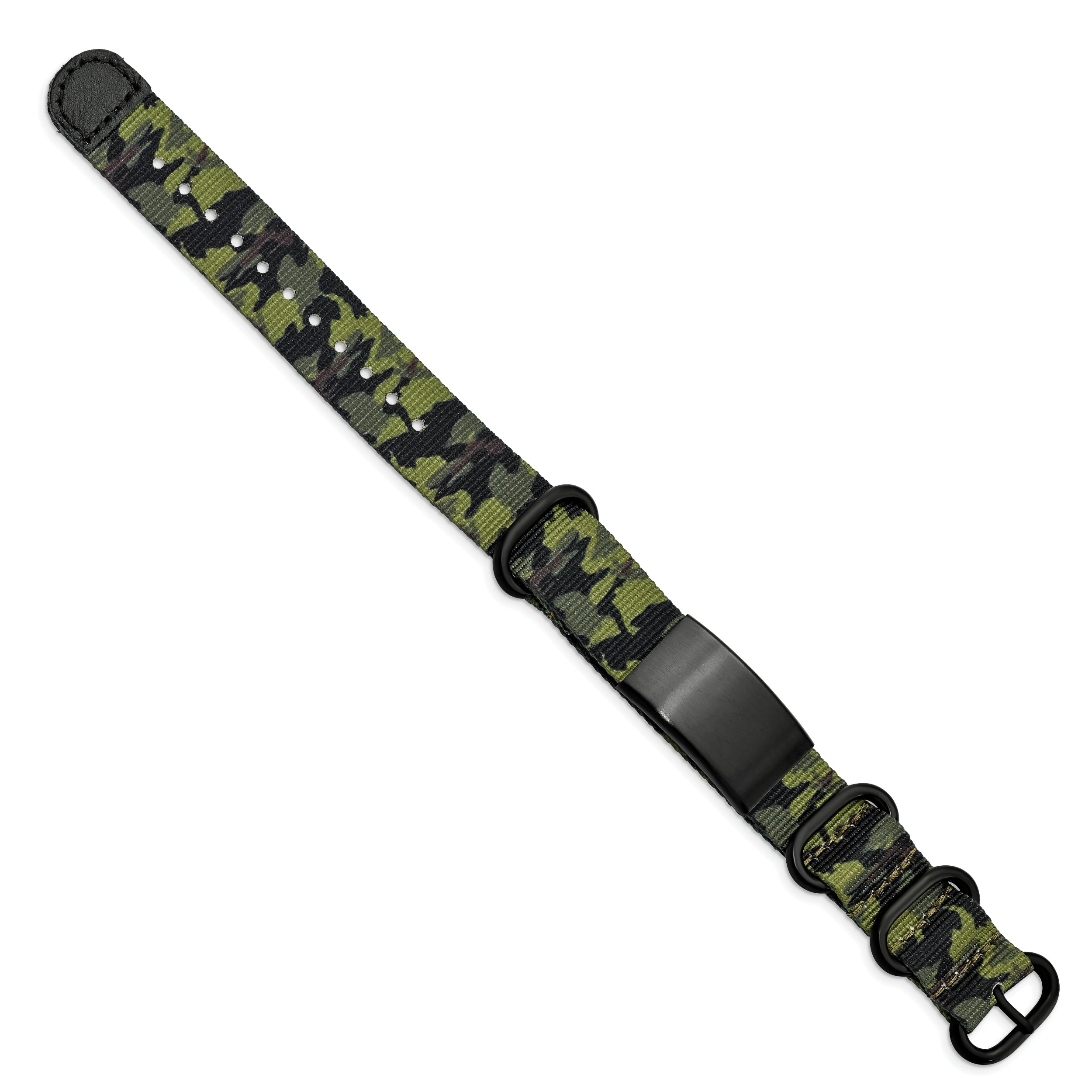 Stainless Steel Brushed Blk IP Green Camo Fabric Adjustable ID Bracelet