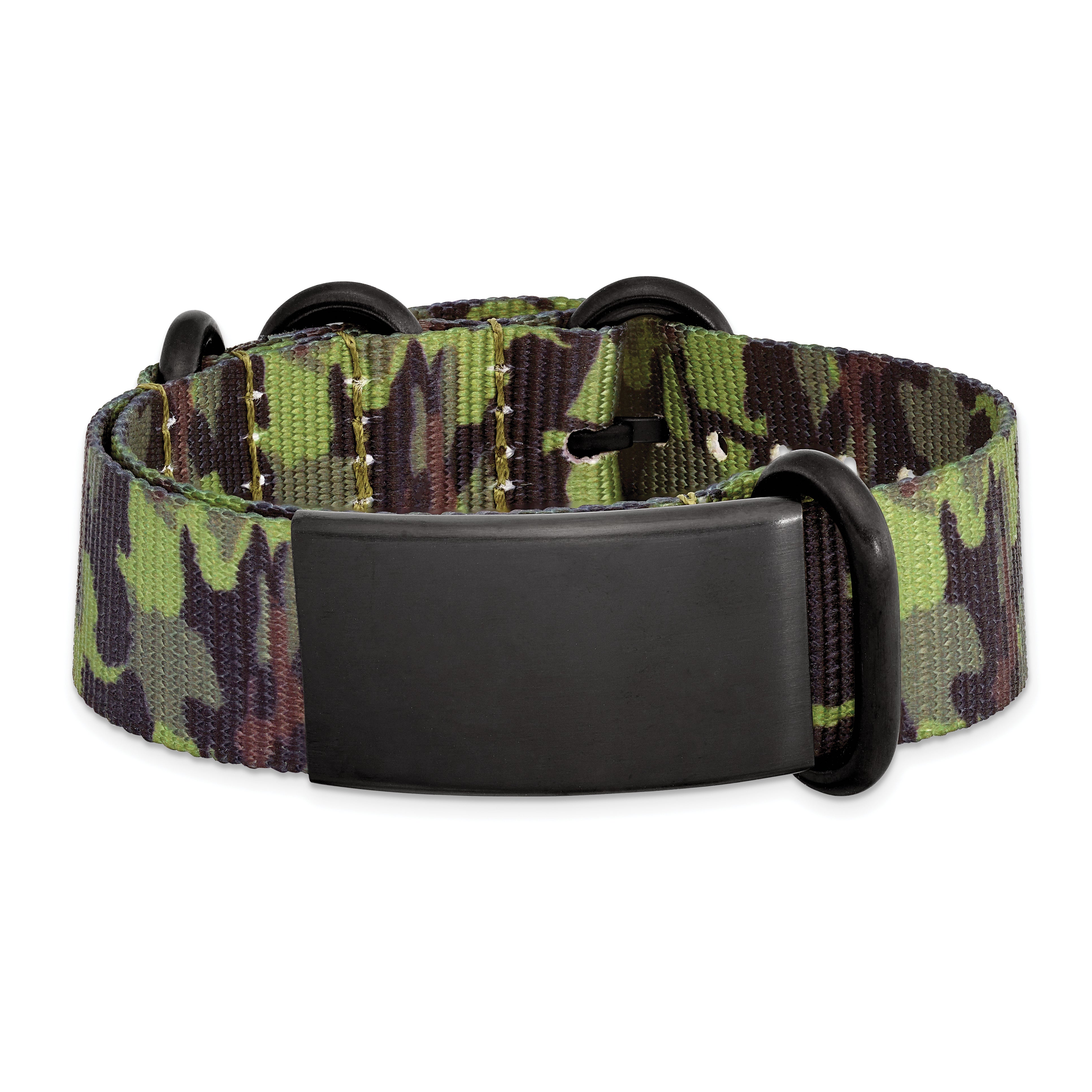 Stainless Steel Brushed Blk IP Green Camo Fabric Adjustable ID Bracelet