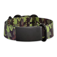 Stainless Steel Brushed Blk IP Green Camo Fabric Adjustable ID Bracelet