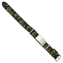 Stainless Steel Polished Green Camo Fabric Adjustable ID Bracelet