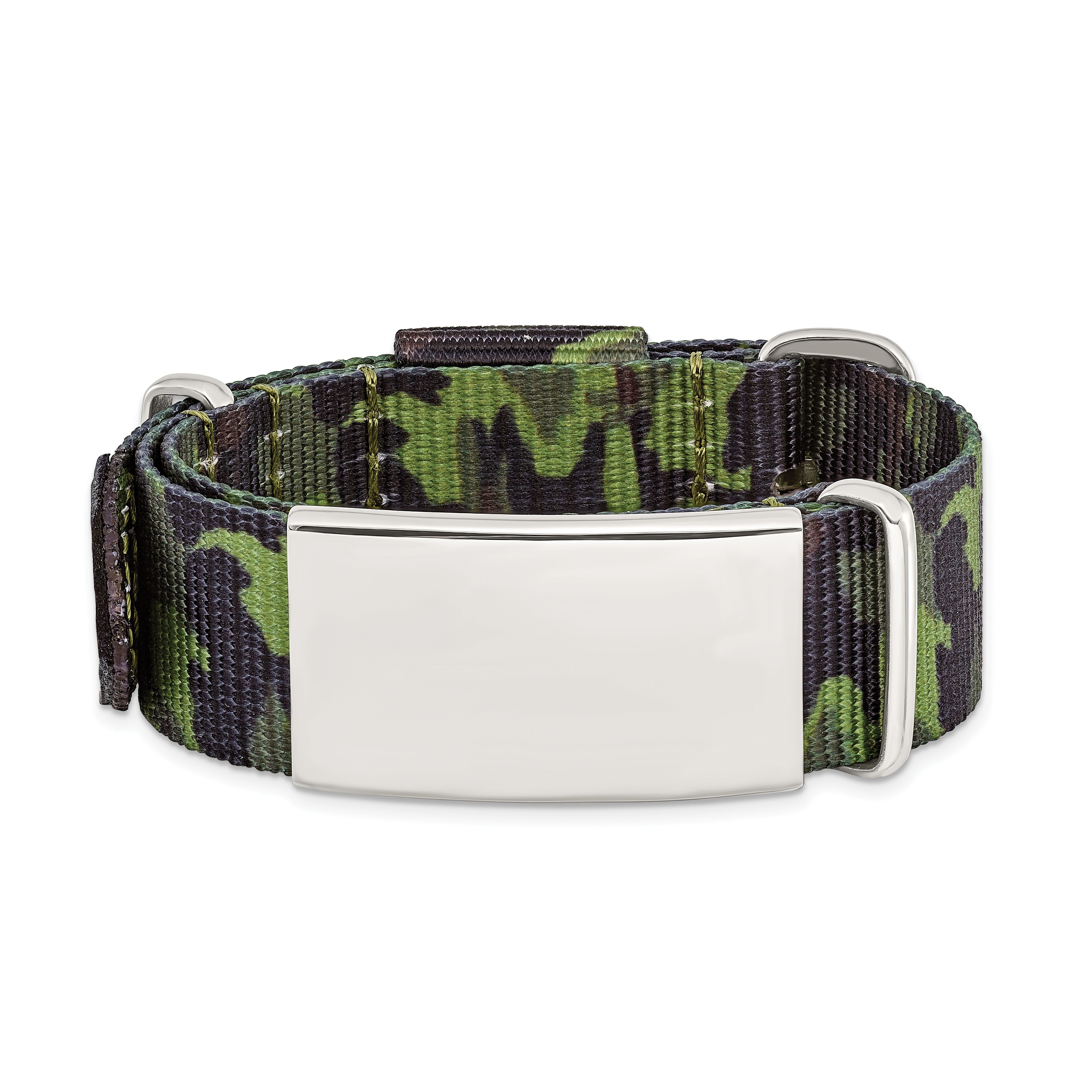 Stainless Steel Polished Green Camo Fabric Adjustable ID Bracelet