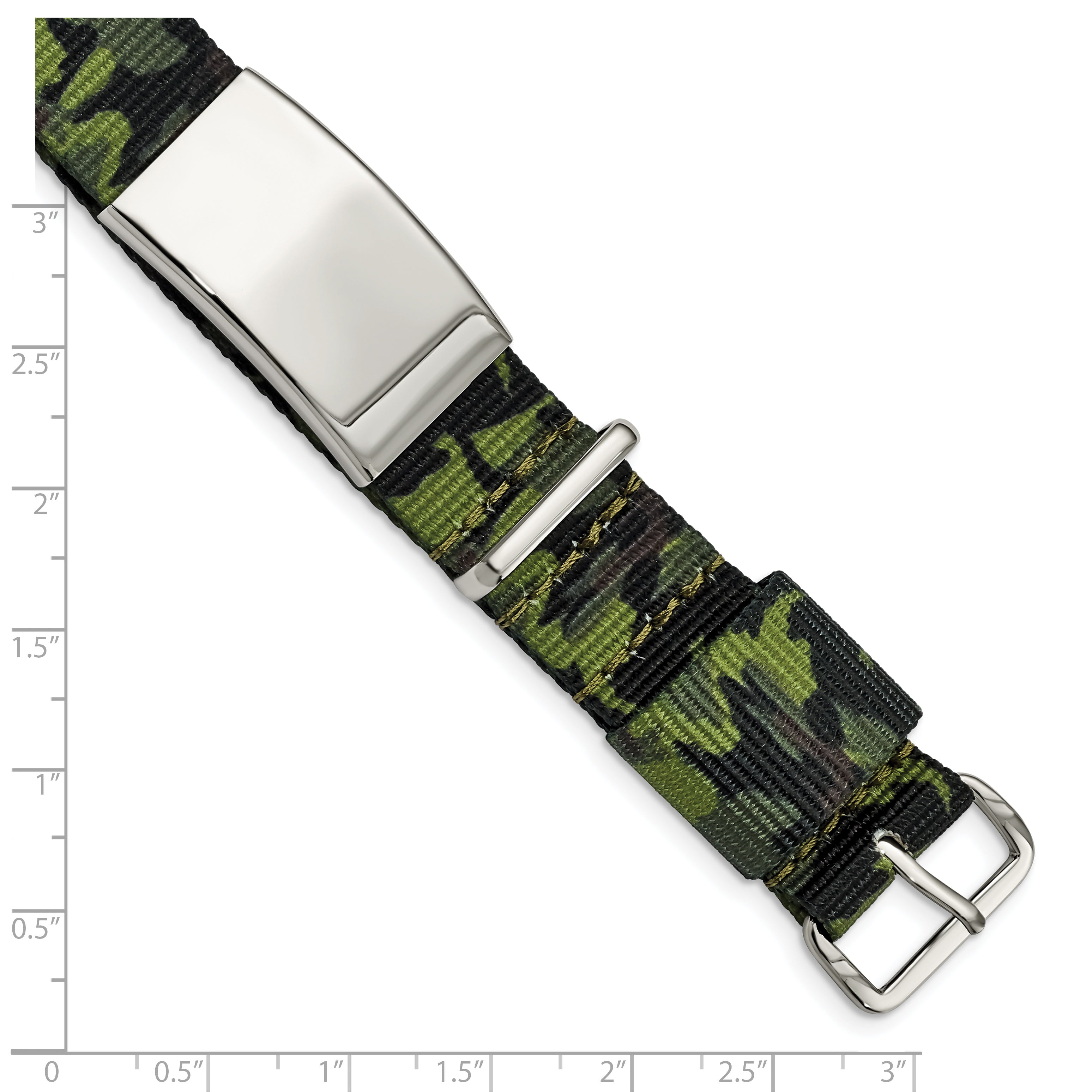 Stainless Steel Polished Green Camo Fabric Adjustable ID Bracelet