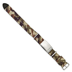 Stainless Steel Polished Brown Camo Fabric Adjustable ID Bracelet