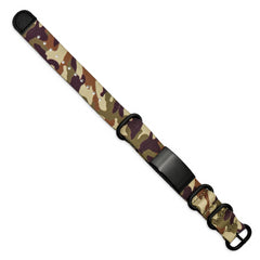 Stainless Steel Brushed Blk IP Brown Camo Fabric Adjustable ID Bracelet