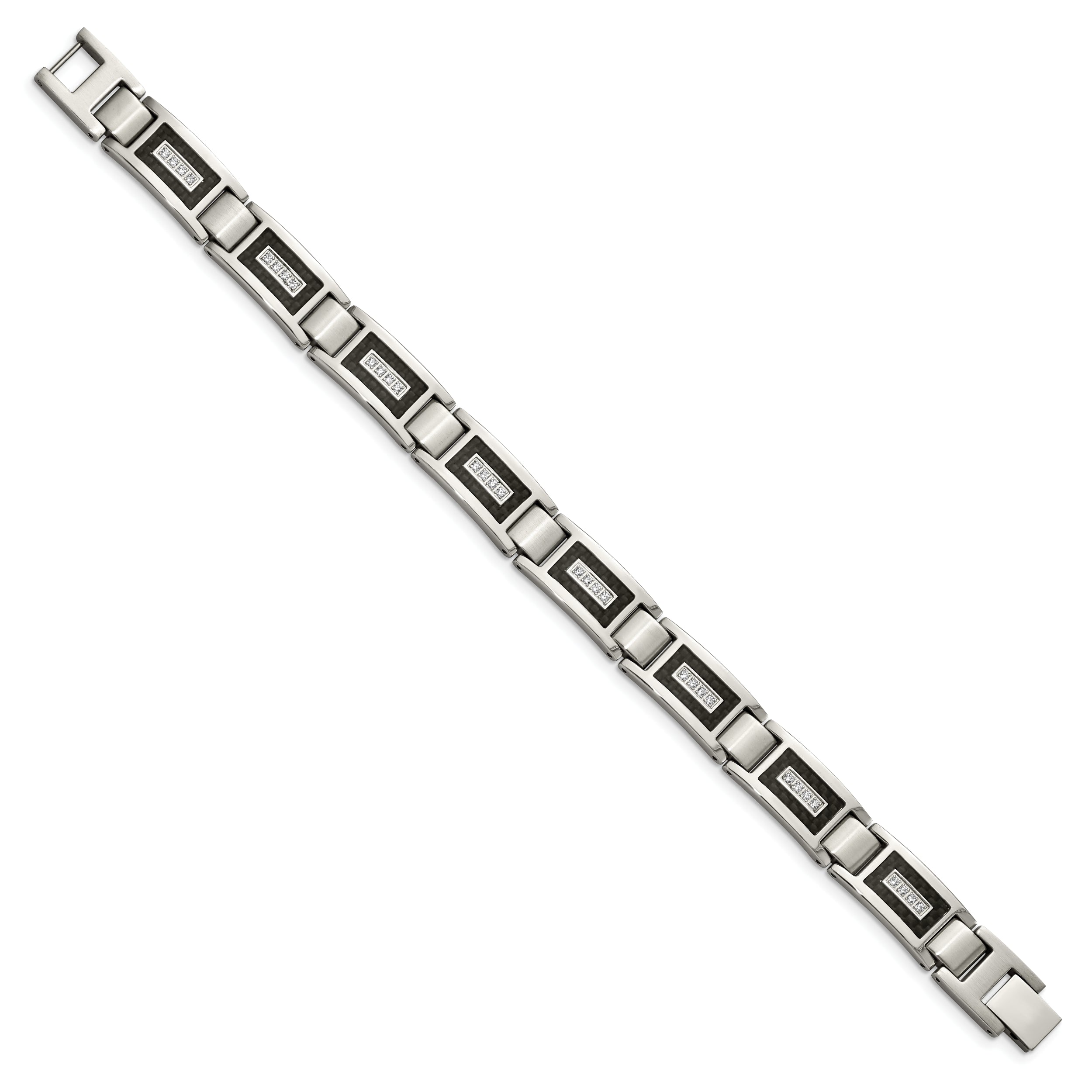 Chisel Stainless Steel Brushed and Polished with CZ and Black Carbon Fiber Inlay 8.75 inch Link Bracelet