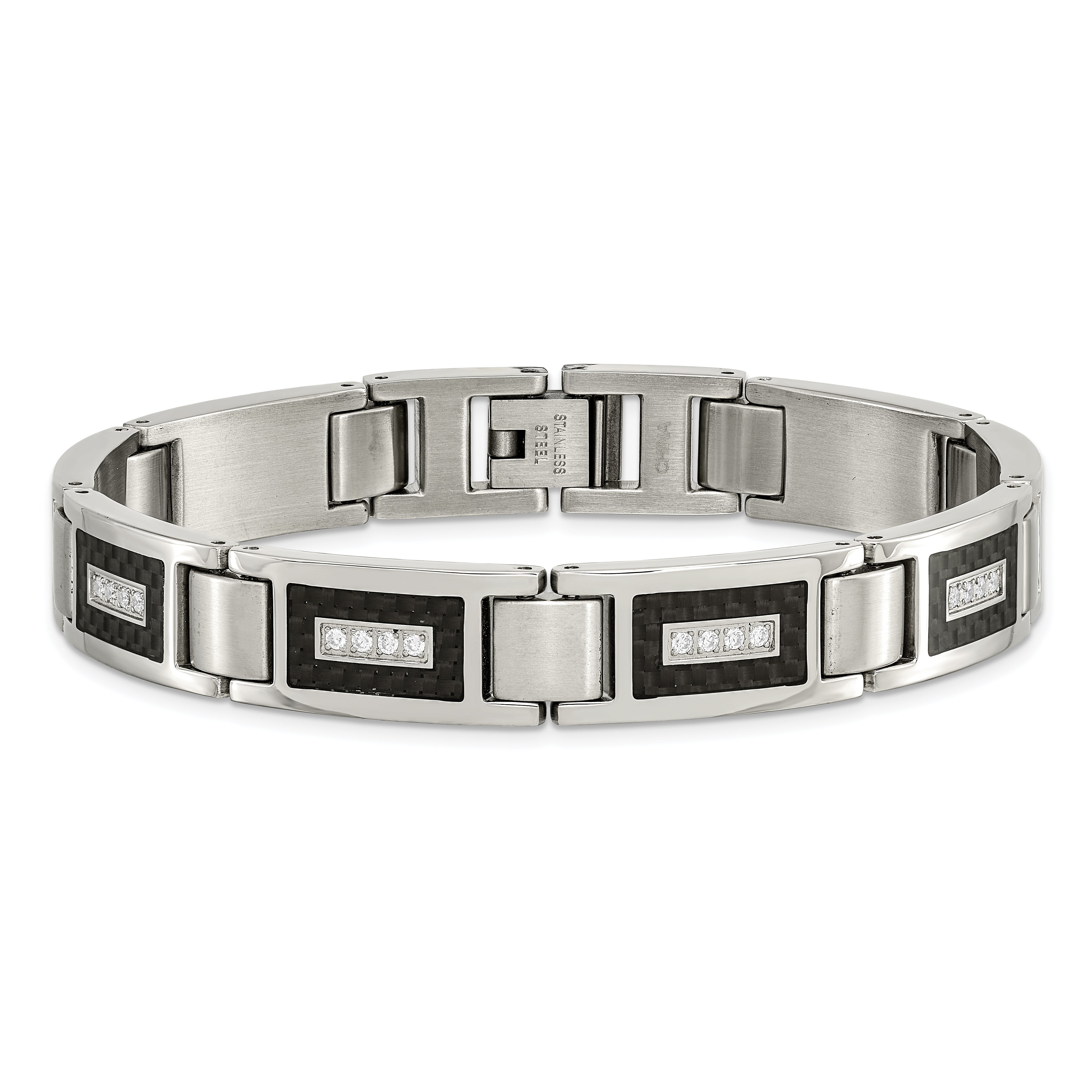 Chisel Stainless Steel Brushed and Polished with CZ and Black Carbon Fiber Inlay 8.75 inch Link Bracelet