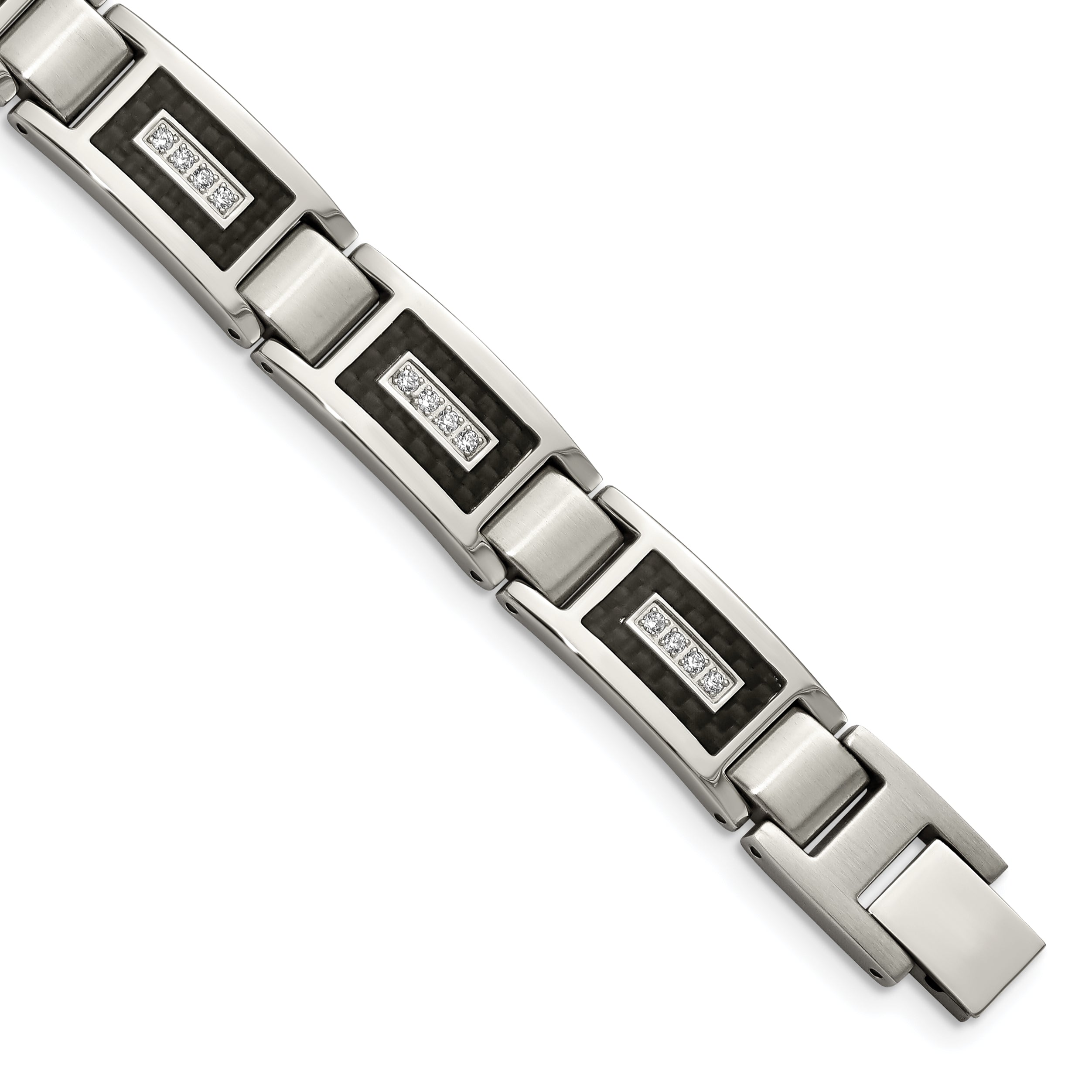 Chisel Stainless Steel Brushed and Polished with CZ and Black Carbon Fiber Inlay 8.75 inch Link Bracelet