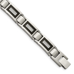 Chisel Stainless Steel Brushed and Polished with CZ and Black Carbon Fiber Inlay 8.75 inch Link Bracelet